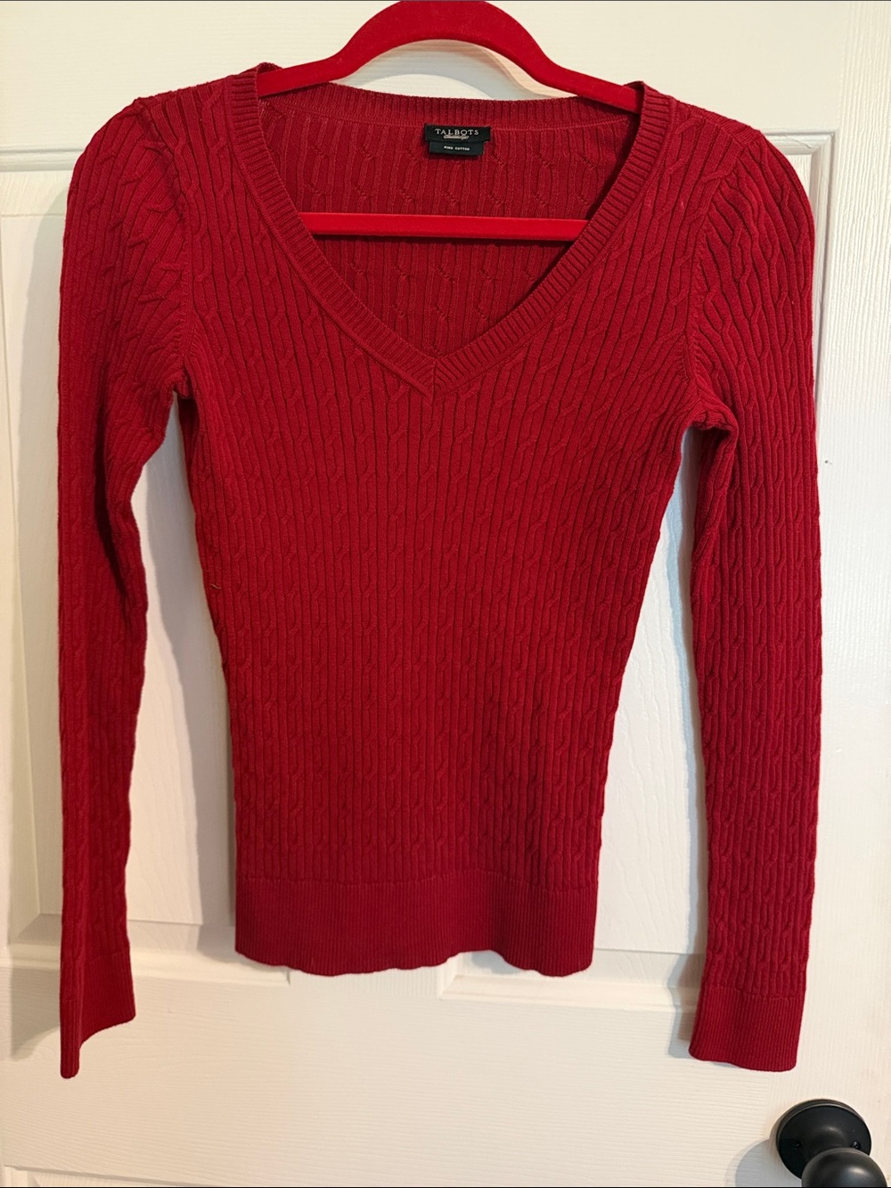 Talbots Red Cable-Knit V-Neck Sweater